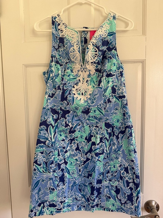 Lilly Pulitzer Dresses & Skirts - Lilly Pulitzer Navy, Aqua & Light Blue Floral Lace-Trim Mini Dress